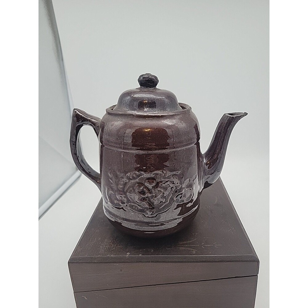 Vtg Brown Stoneware Rockingham Glaze? Teapot Cherub Marked 36with Lid